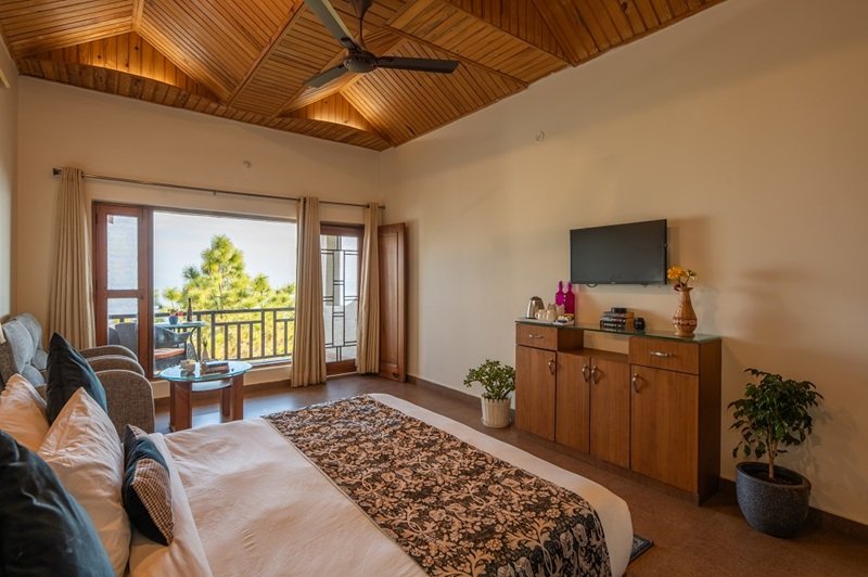 Terrace room at Ojaswi Himalayan Resort Mukteshwar with private terrace and mountain views